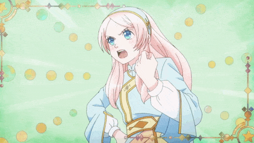 a cartoon girl with pink hair and blue eyes