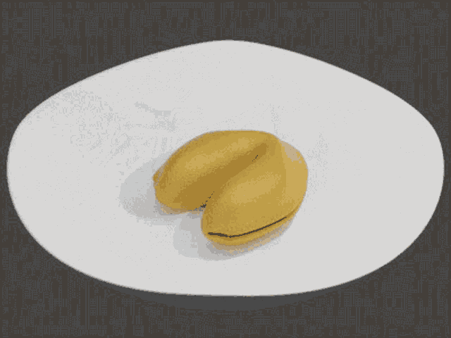 a fortune cookie is on a white plate with a black background