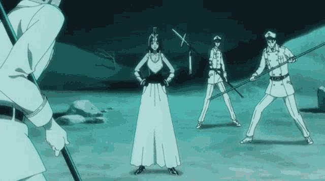 a woman in a white dress stands in front of a group of soldiers