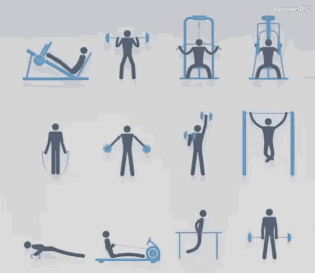 a set of icons of people doing different exercises with the word apower rec at the top