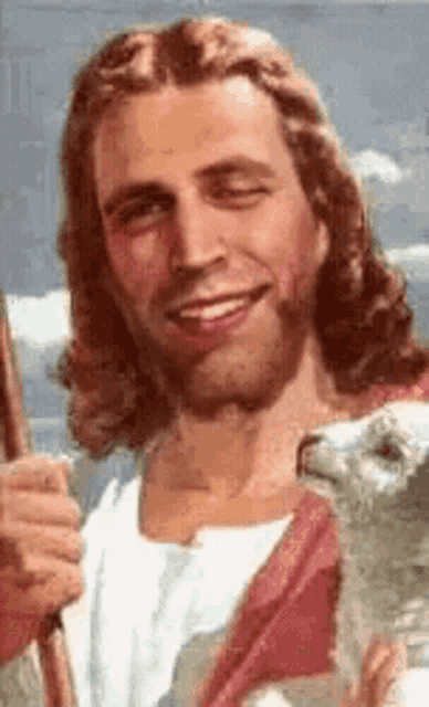 a painting of jesus holding a sheep and smiling