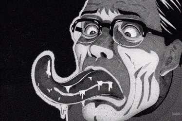 a black and white drawing of a man with glasses and his tongue out