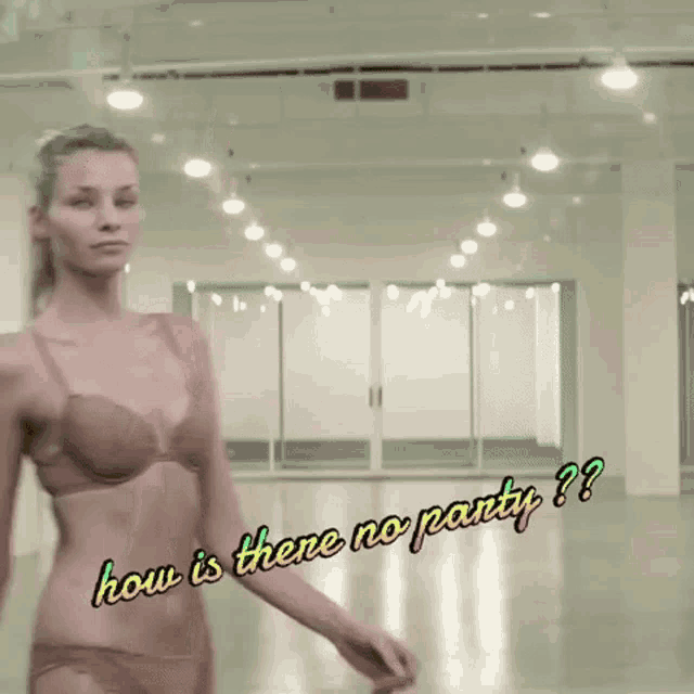 a woman in a bikini is standing in a room with the words how is there no panty ??