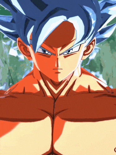 a close up of a cartoon character with blue hair and red muscles
