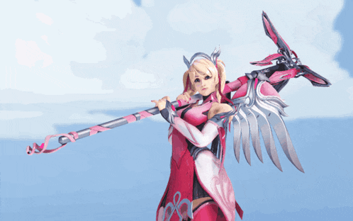 a woman in a pink and silver outfit holds a sword