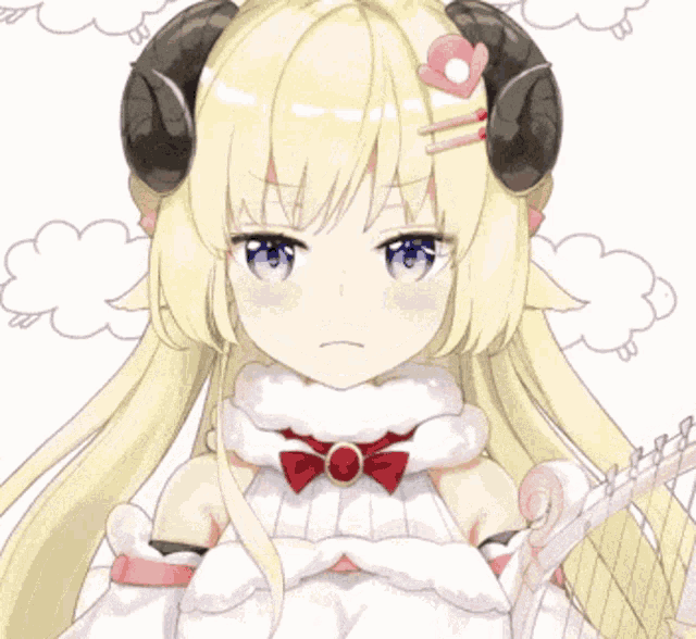 a girl with horns is wearing a white dress