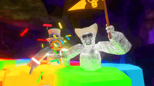 a cartoon drawing of a gorilla holding a flag and a man in a top hat