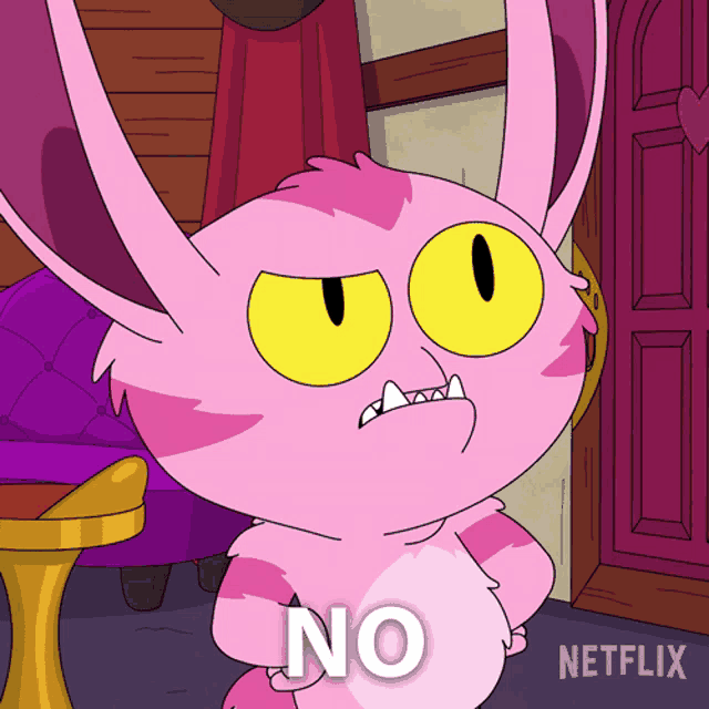 a pink cartoon character with yellow eyes and the word no below it
