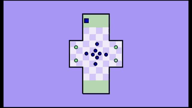 a drawing of a cross with blue and yellow circles on a purple background .