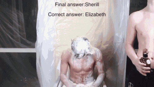a shirtless man is covered in foam with the words final answer correct answer elizabeth below him