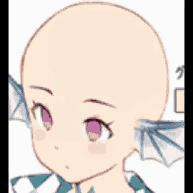 a drawing of a girl with purple eyes is being broken up into pieces