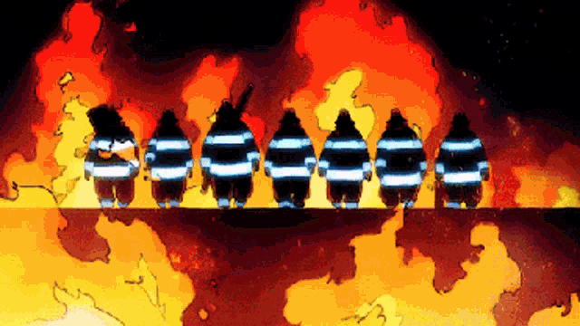 a cartoon of a group of firemen standing in front of a fire