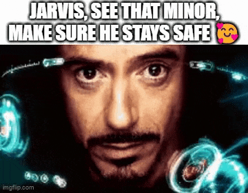 a close up of a man 's face with the words `` jarvis , see that minor make sure he stays safe ''