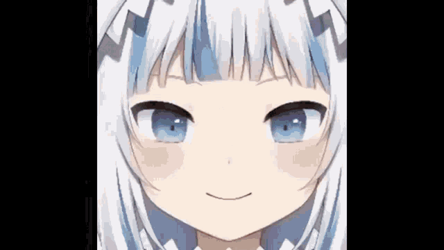a close up of a person 's face with blue eyes and white hair .