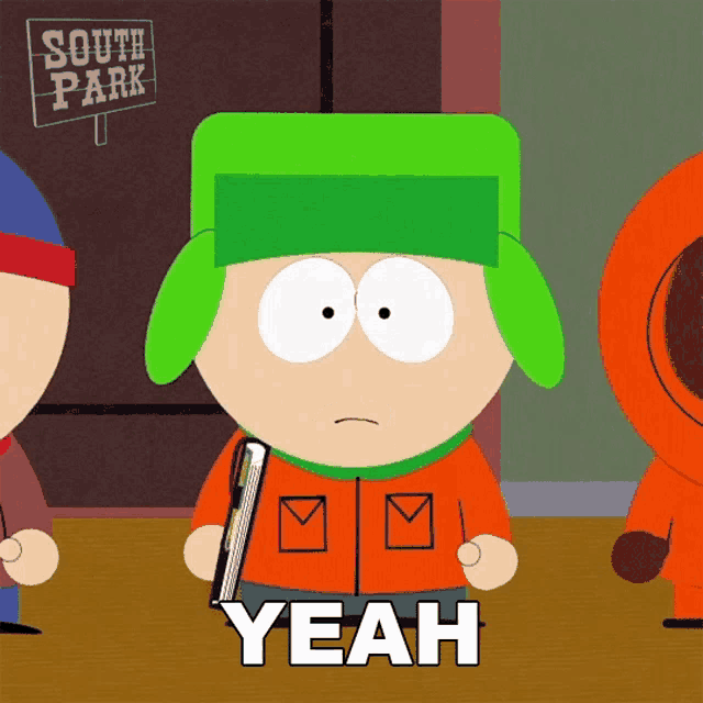 a south park cartoon character says yeah while holding a book
