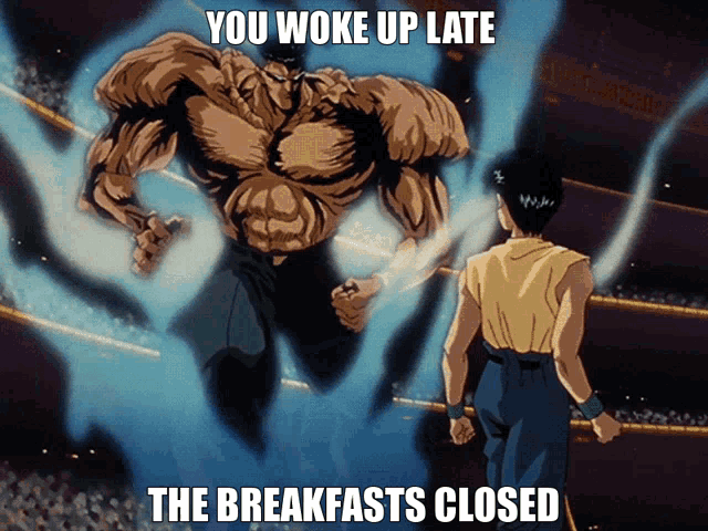 a man standing in front of a monster that says " you woke up late "