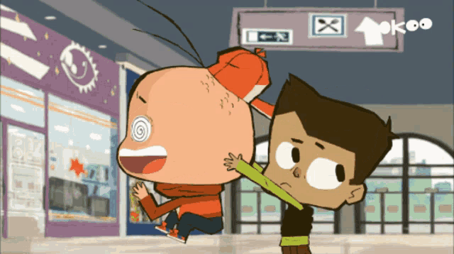 two cartoon characters are standing in front of a sign that says ok
