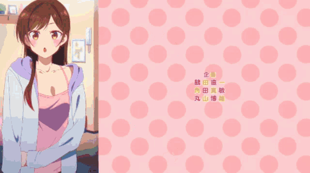 a girl in a blue shirt and green skirt stands in front of a yellow checkered background