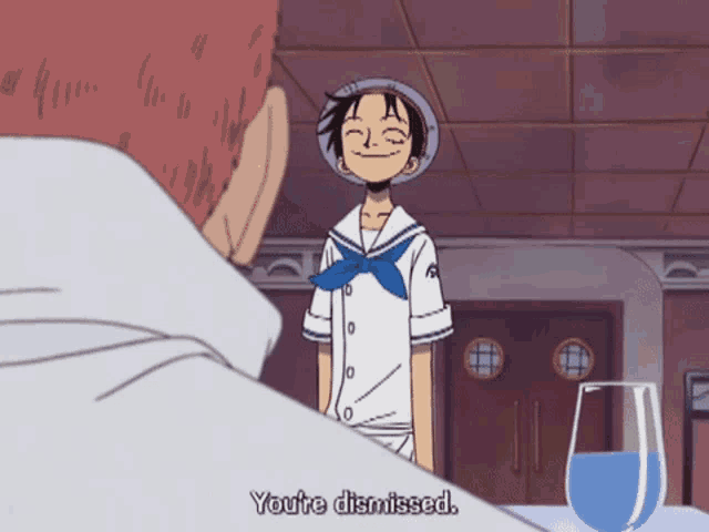 a cartoon character says you 're dismissed next to a glass