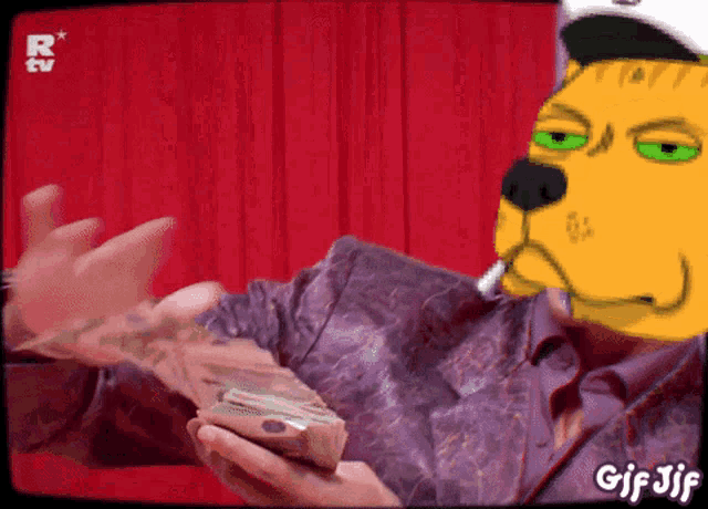 a gif of a dog smoking a cigarette and holding a bag of money