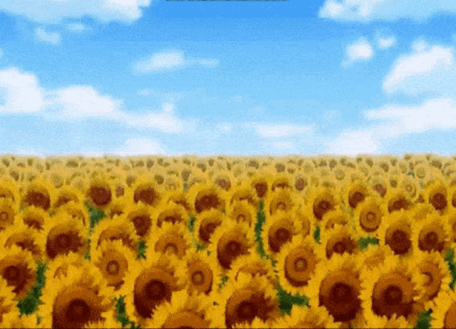 a painting of a field of sunflowers with a blue sky in the background