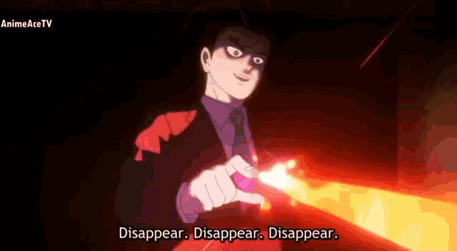 a man in a red suit is holding a red object and says disappear disappear disappear .