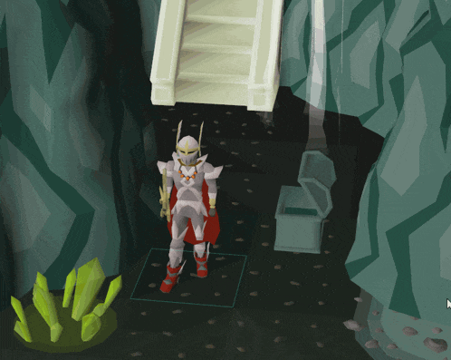 a knight in a video game is standing next to a staircase
