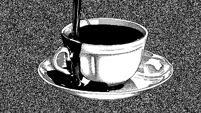 a black and white drawing of a cup of coffee being poured into a saucer