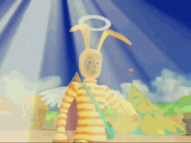a cartoon character with a halo and wings