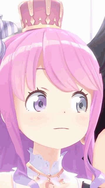a close up of a pink anime character with a crown on her head