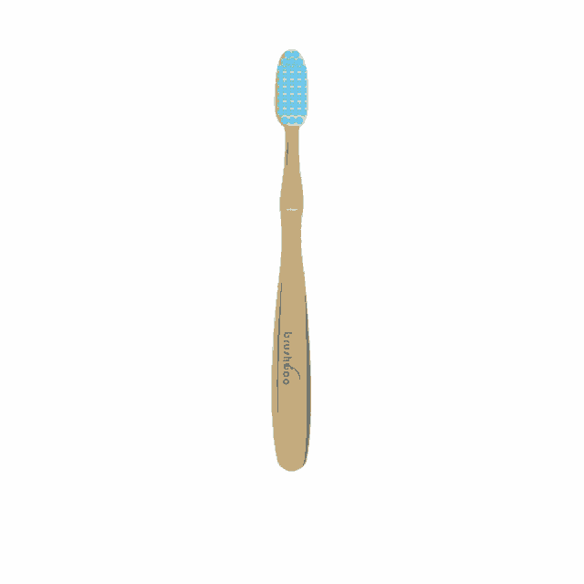 a bamboo toothbrush with blue bristles and the word brus on the bottom right