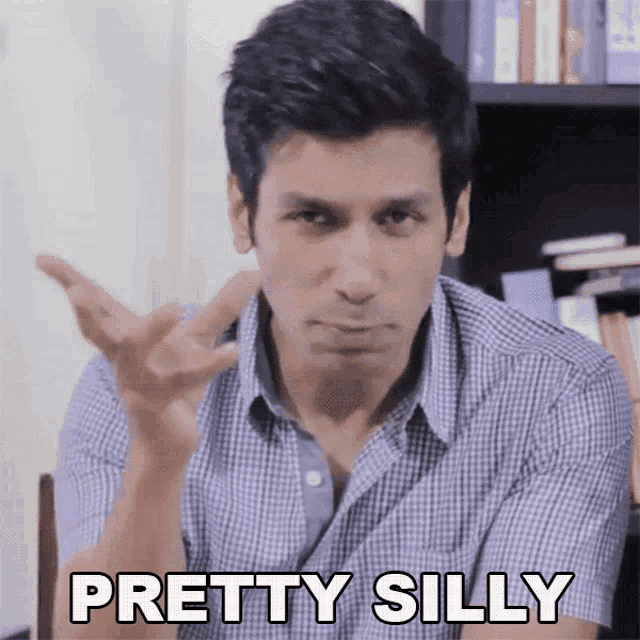 a man in a plaid shirt says pretty silly with his hand