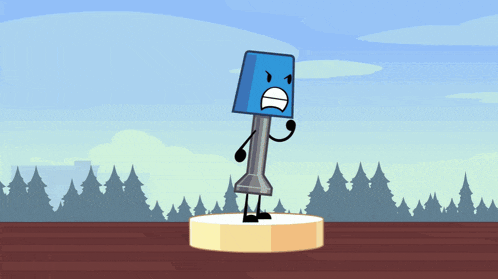 a cartoon character is standing on a podium with an angry look on his face