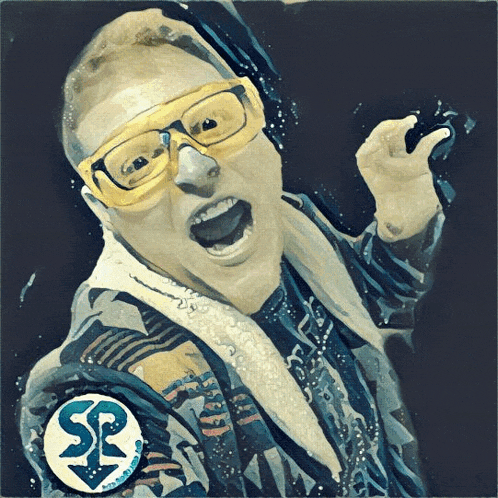 a man wearing yellow goggles and a patch that says sp