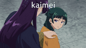 a girl with green hair is standing next to a girl with purple hair and the word kaimei on the bottom right