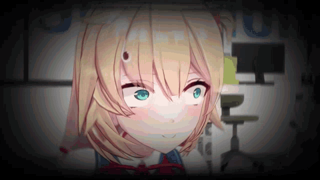 a girl with blonde hair and blue eyes is making a funny face in a dark room .