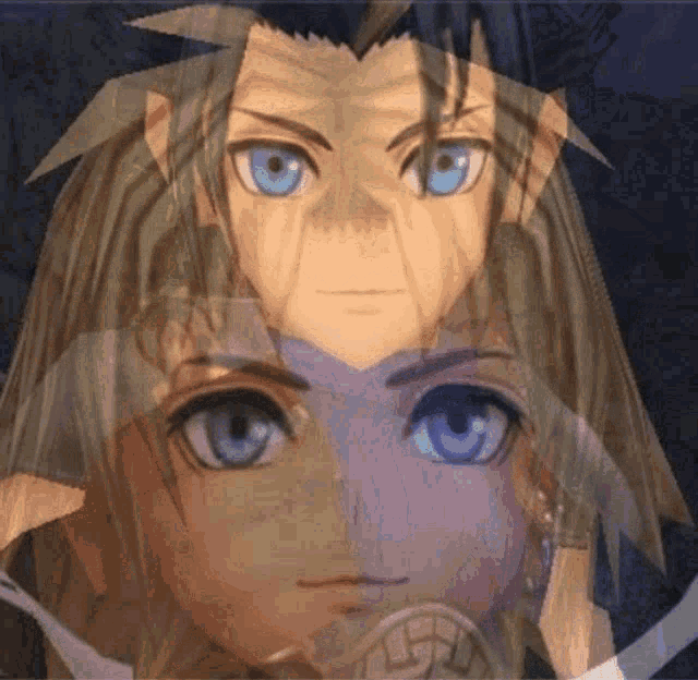 a couple of anime characters with blue eyes
