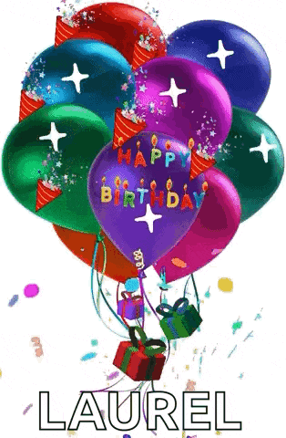a bunch of birthday balloons with the name laurel