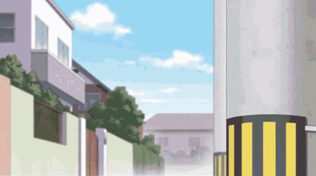 a drawing of a street with a yellow and black pole