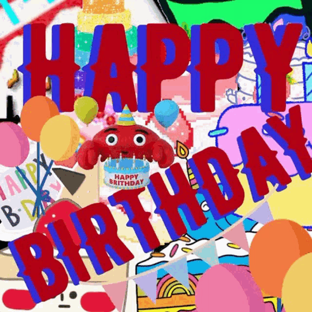 a happy birthday greeting card with balloons and a crab cake