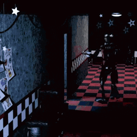 five nights at freddy 's foxy is standing in a dark room with a checkered floor and walls .