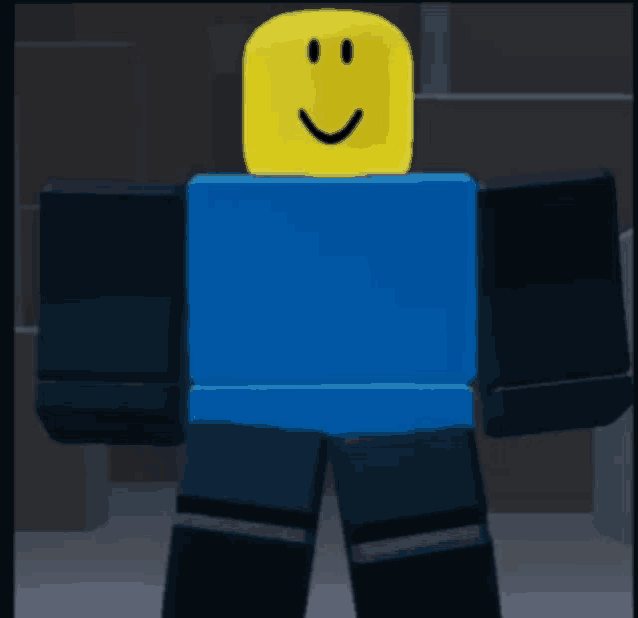 a roblox character with a blue shirt and black pants is smiling