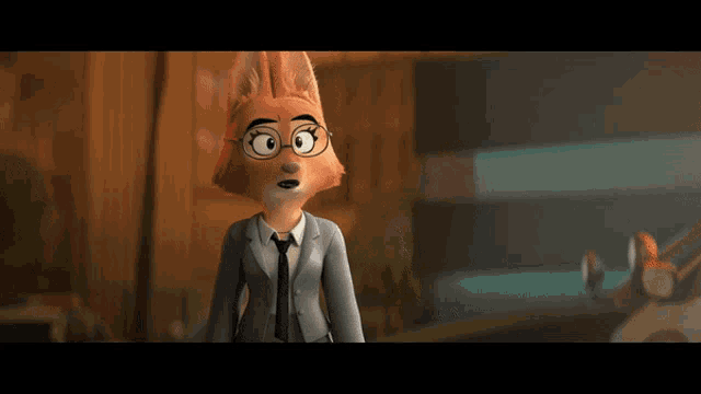 a cartoon fox wearing glasses and a suit looks surprised