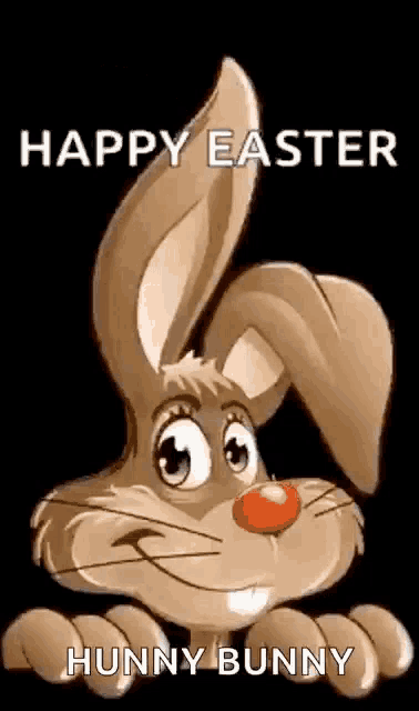 a cartoon bunny with a red nose and the words happy easter hunny bunny below it