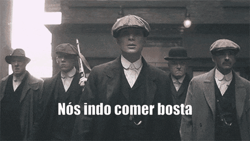 a group of men in suits and hats are walking down a street with the words nos indo comer bosta on the bottom