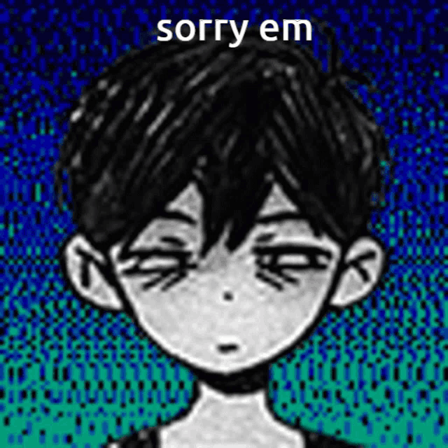 a black and white drawing of a boy with a blue background and the words `` sorry em '' written on it .