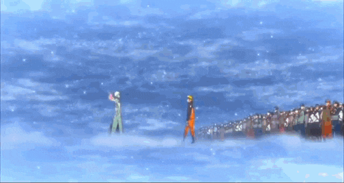 naruto is standing in front of a large group of people .