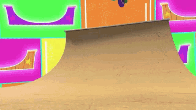 a cartoon cat is riding a scooter on a ramp on a skateboard .