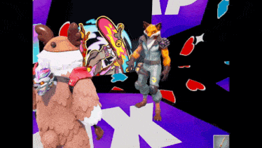 a fox is holding a skateboard and standing next to a stuffed animal