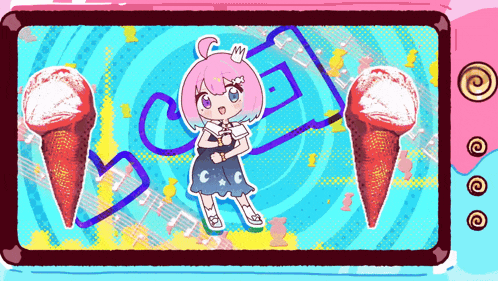 a girl with pink hair and blue eyes is standing in front of two ice cream cones